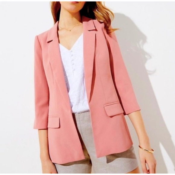 Loft Womens Blazer Jacket Open Front Salmon Pink Business Casual 3/4 Sleeve 2 XS - Picture 1 of 16